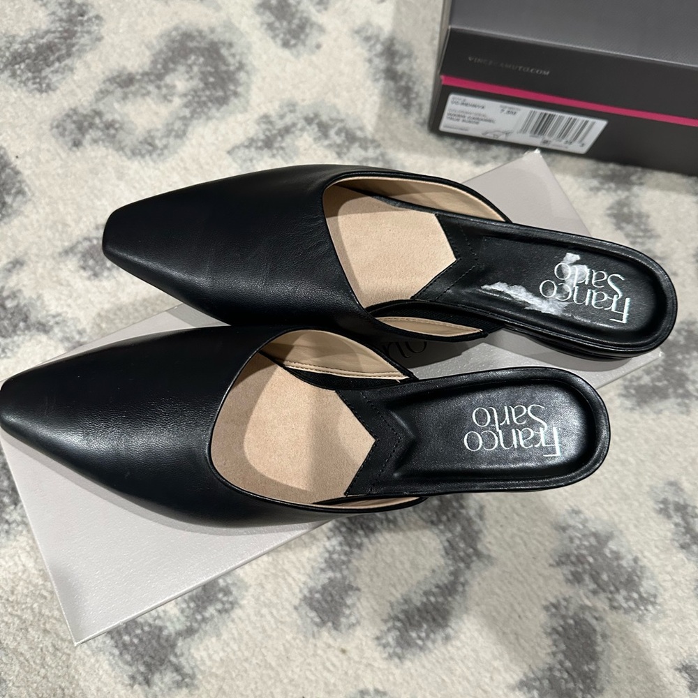 Franco Sarto Black Mules with Pointed Toe and Low Heel